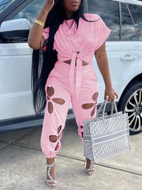 Solid Tee & Cutout Pants Set--Clearance