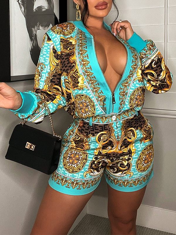 Indiebeautie Printed Bomber Jacket & Shorts Set