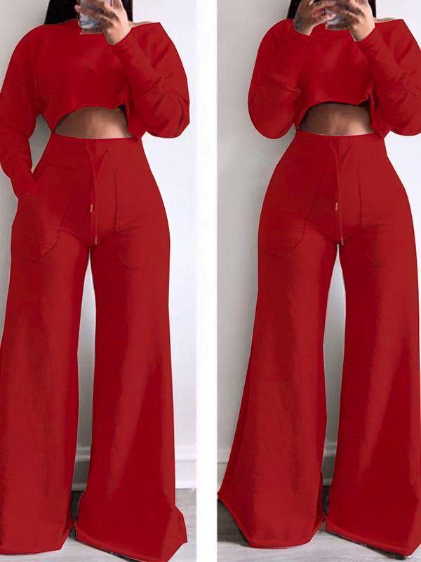 Raw-cut Sweatshirt & Wide-Leg Pants Set--Clearance