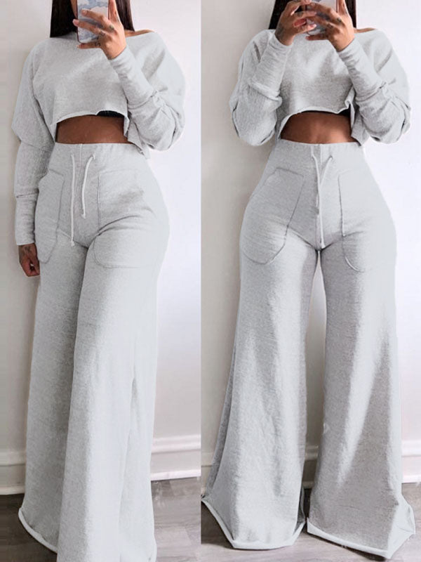 Raw-cut Sweatshirt & Wide-Leg Pants Set--Clearance
