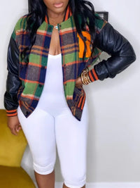 Faux-Leather Combo Plaid Bomber Jacket