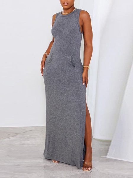 Solid Sleeveless Slit Dress--Clearance