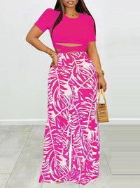 Puff Shoulder T-Shirt & Printed Wide-Leg Pants Set--Clearance