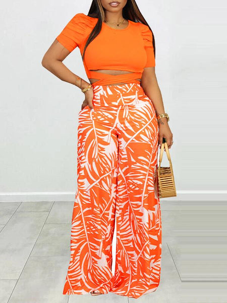 Puff Shoulder T-Shirt & Printed Wide-Leg Pants Set--Clearance