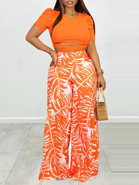 Puff Shoulder T-Shirt & Printed Wide-Leg Pants Set--Clearance