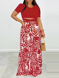 Puff Shoulder T-Shirt & Printed Wide-Leg Pants Set--Clearance