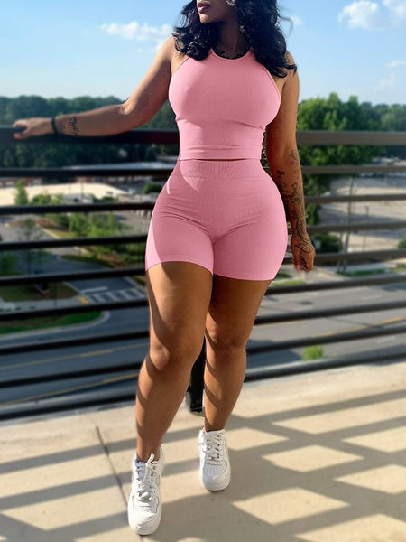 Solid Ribbed Tank Top & Shorts Set--Clearance