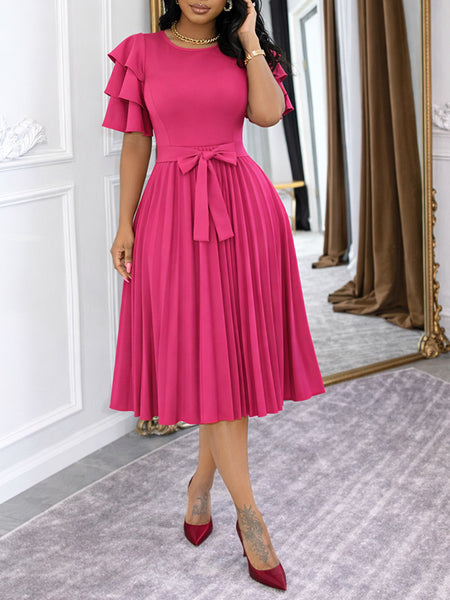 Solid Ruffle-Sleeve Pleated Dress