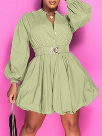 Indiebeautie Button-Front Belted Puffy Dress