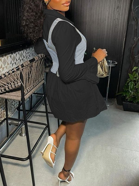 Bell-Sleeve Shirt Dress with Denim Vest--Clearance