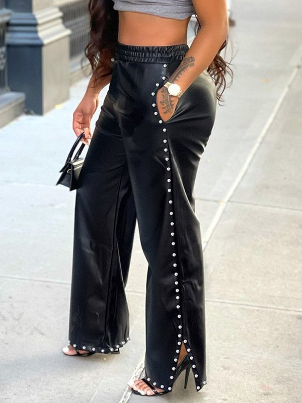 Indiebeautie Studded Slit Faux-Leather Pants