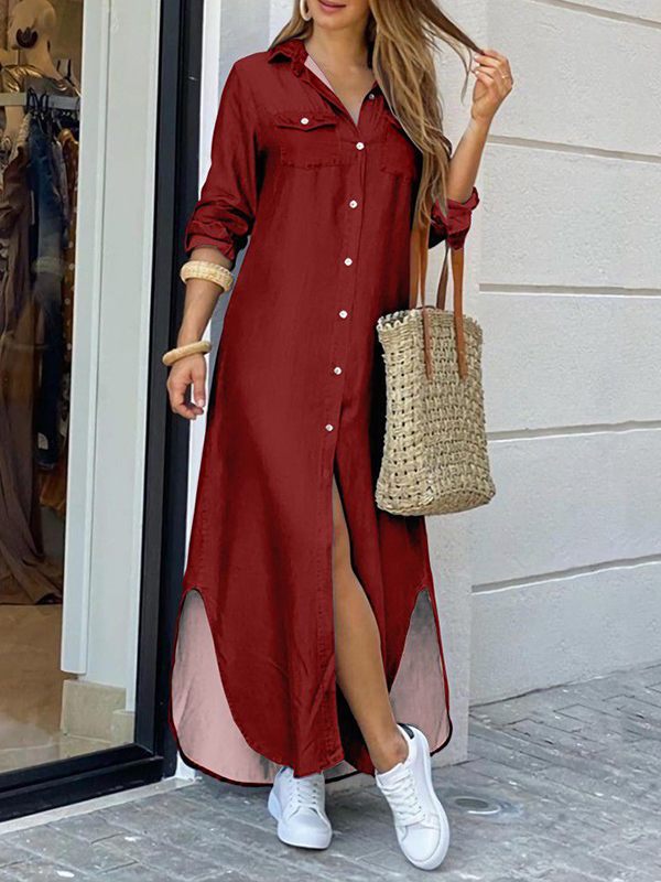 Solid Side-Slit Shirt Dress