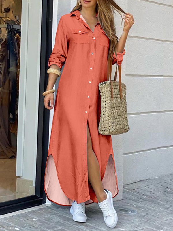 Solid Side-Slit Shirt Dress