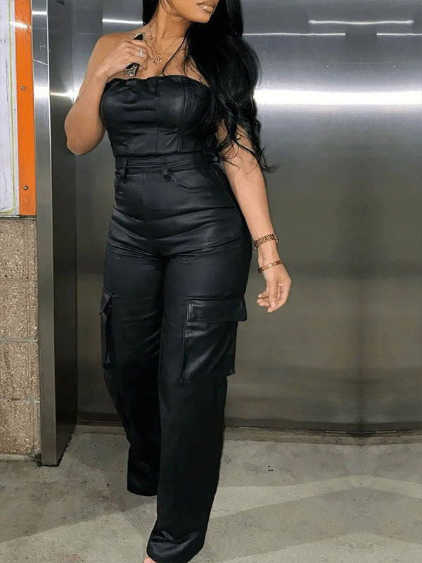 Indiebeautie Faux Leather Strapless Jumpsuit