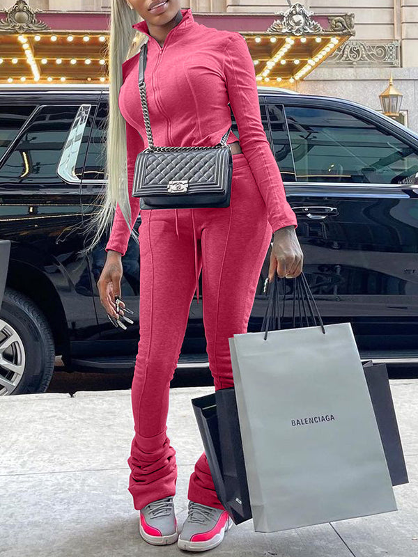 Zip-Front Sweatshirt & Ruched Pants Set