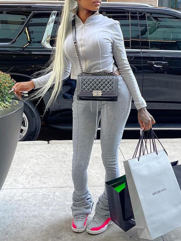 Zip-Front Sweatshirt & Ruched Pants Set
