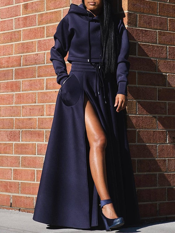 Indiebeautie Solid Hoodie & Slit Skirt Set