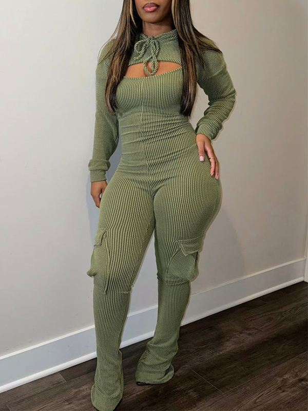 Solid Cropped Hoodie & Cargo Jumpsuit Set