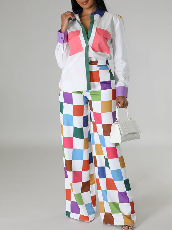 Colorblock Shirt & Wide-Leg Pants Set--Clearance