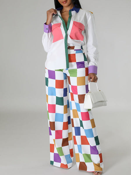 Colorblock Shirt & Wide-Leg Pants Set--Clearance