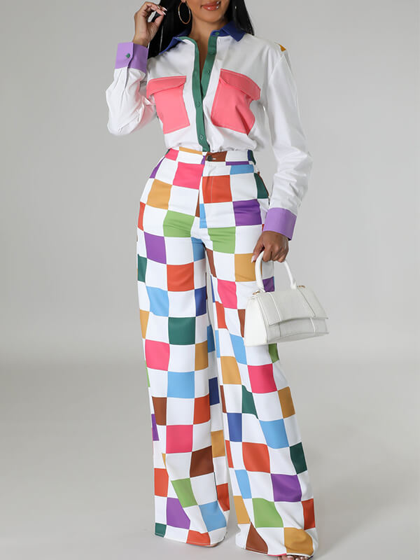 Colorblock Shirt & Wide-Leg Pants Set--Clearance