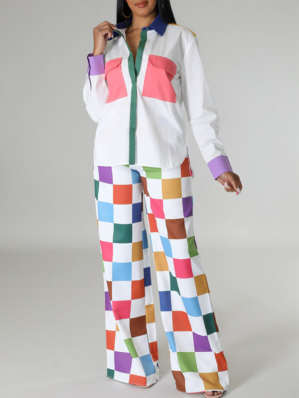 Colorblock Shirt & Wide-Leg Pants Set--Clearance