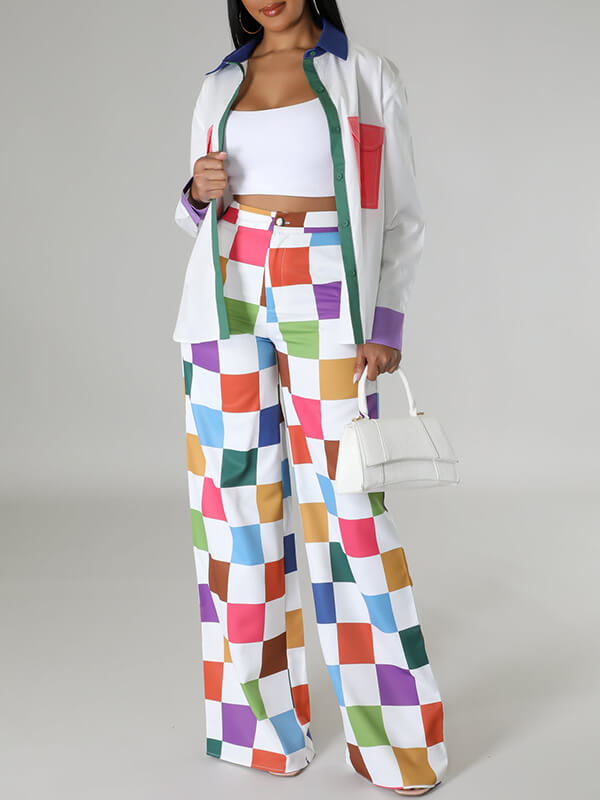 Colorblock Shirt & Wide-Leg Pants Set--Clearance
