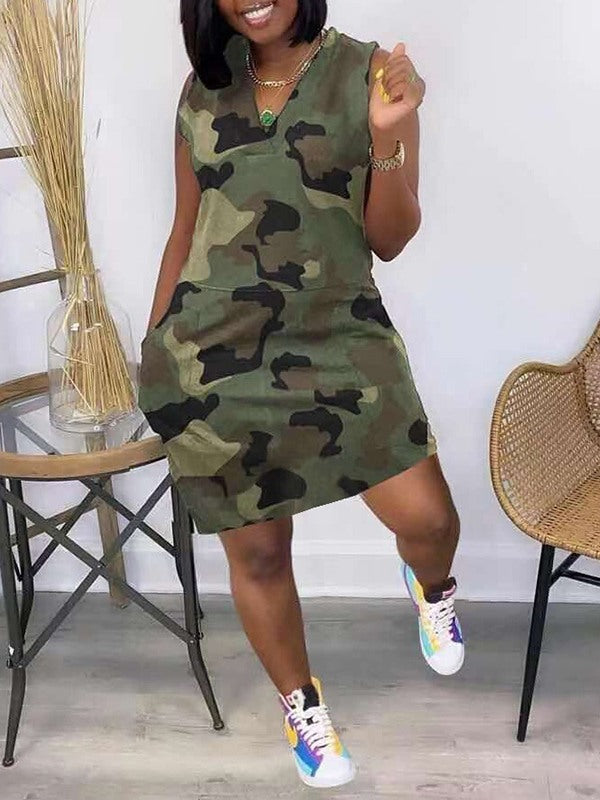 Indiebeautie Camo V-Neck Sleeveless Dress