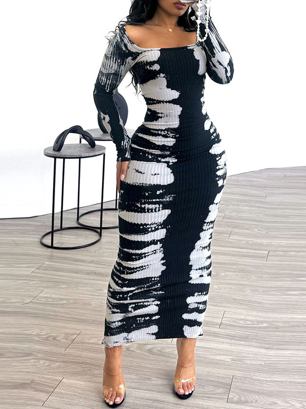 Printed Slit Ribbed Dress--Clearance