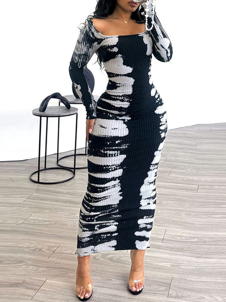 Printed Slit Ribbed Dress--Clearance
