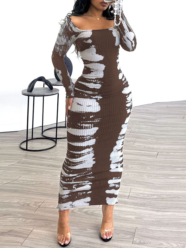 Printed Slit Ribbed Dress--Clearance