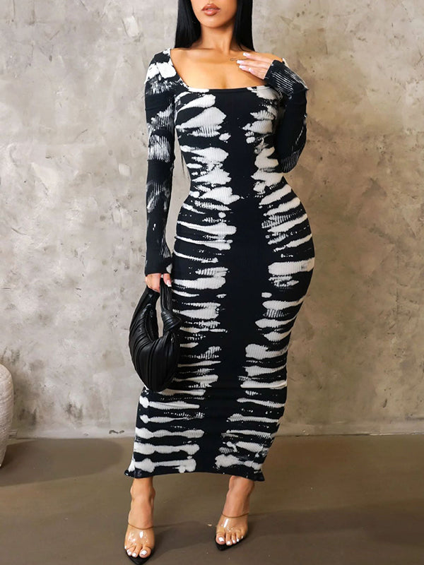 Printed Slit Ribbed Dress--Clearance