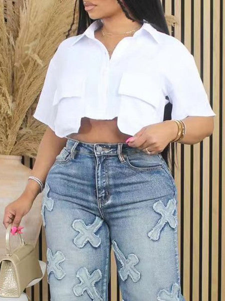 Indiebeautie White Cropped Cargo Shirt