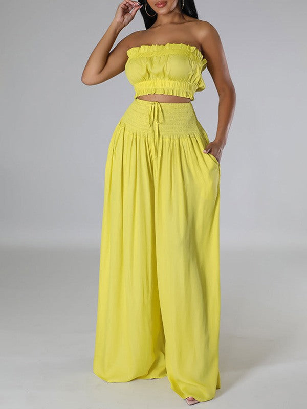 Solid Bandeau Top & Wide-Leg Pants Set