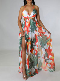 Printed Halter Slit Dress