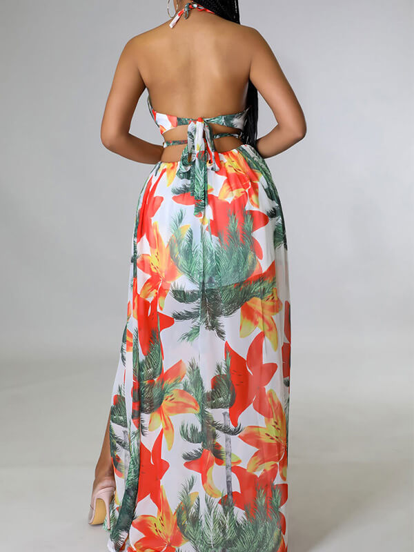 Indiebeautie Printed Halter Slit Dress