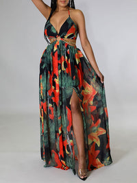 Indiebeautie Printed Halter Slit Dress