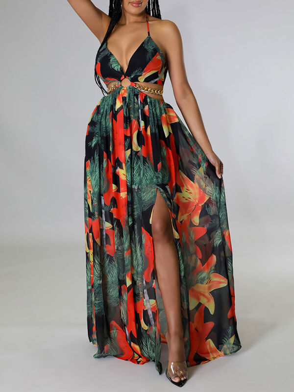 Indiebeautie Printed Halter Slit Dress