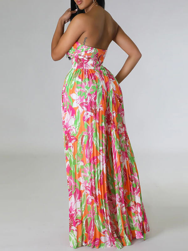 Printed Strapless Pleated Jumpsuit