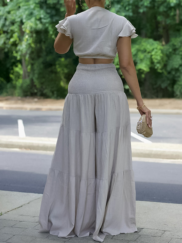 Indiebeautie Solid Tied Top & Wide-Leg Pants Set