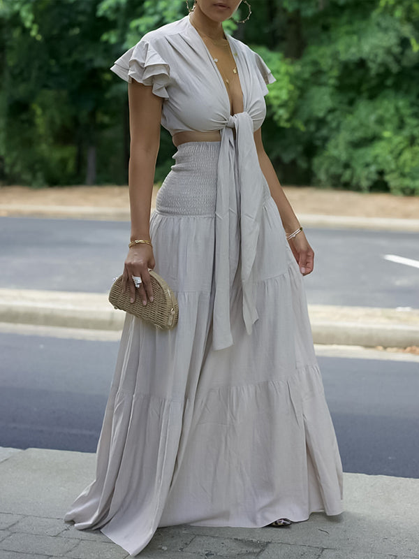 Indiebeautie Solid Tied Top & Wide-Leg Pants Set