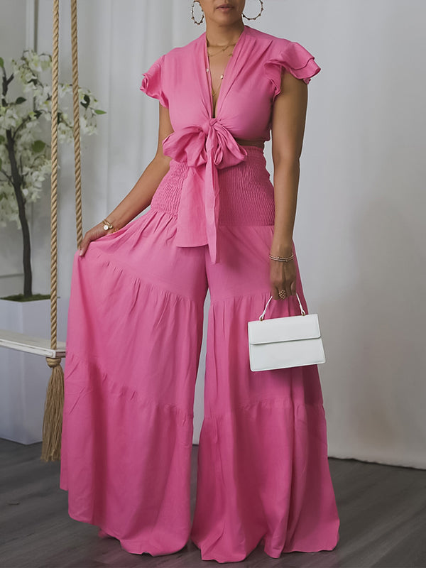 Indiebeautie Solid Tied Top & Wide-Leg Pants Set