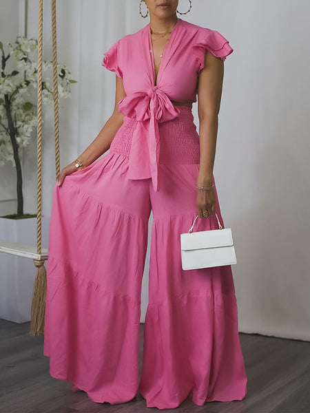 Indiebeautie Solid Tied Top & Wide-Leg Pants Set
