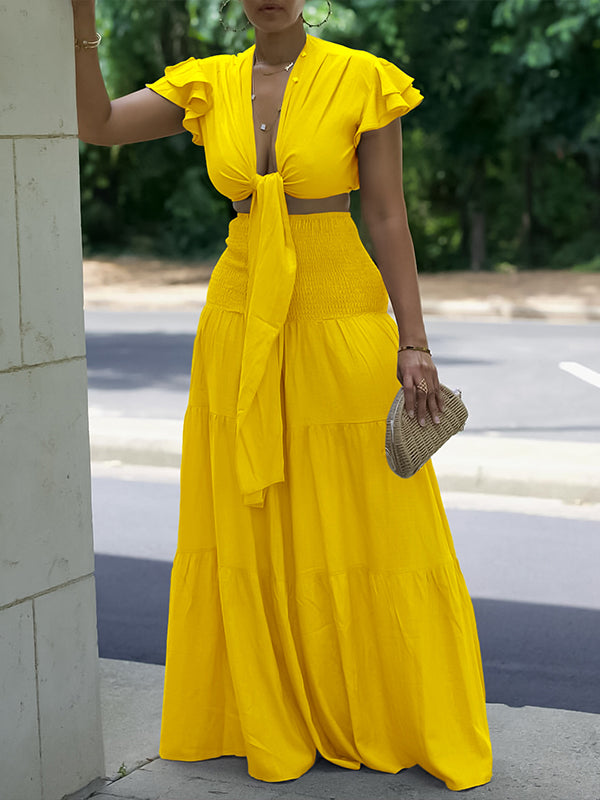 Indiebeautie Solid Tied Top & Wide-Leg Pants Set