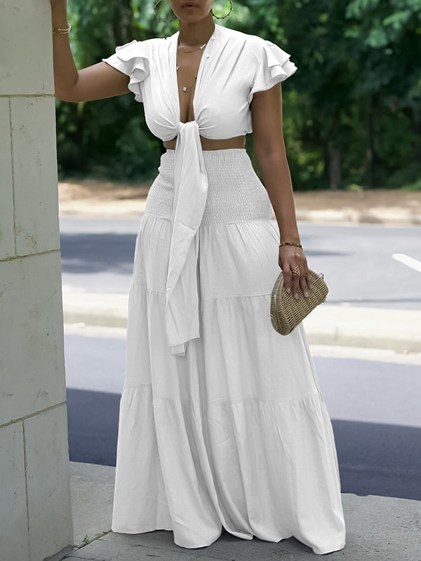 Indiebeautie Solid Tied Top & Wide-Leg Pants Set