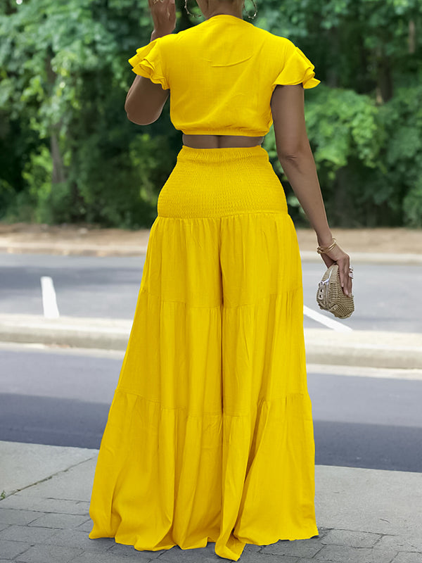 Indiebeautie Solid Tied Top & Wide-Leg Pants Set