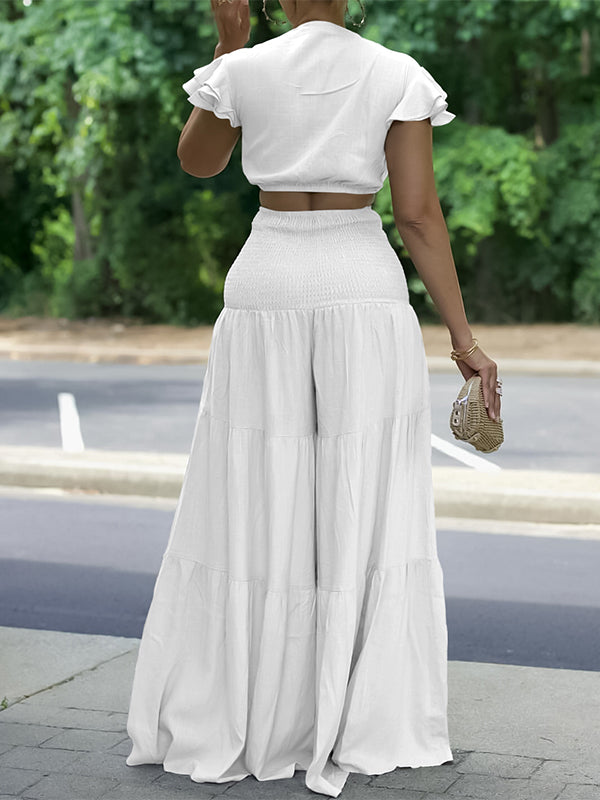 Indiebeautie Solid Tied Top & Wide-Leg Pants Set