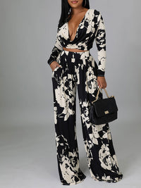 Indiebeautie Printed V-Neck Top & Wide-Leg Pants Set