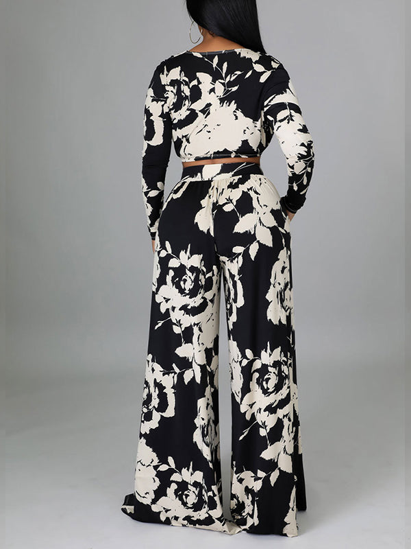 Indiebeautie Printed V-Neck Top & Wide-Leg Pants Set