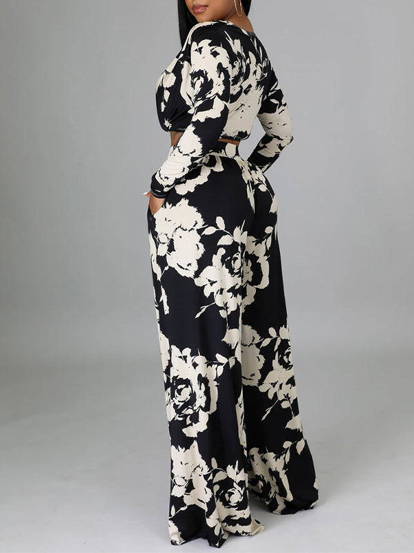 Indiebeautie Printed V-Neck Top & Wide-Leg Pants Set